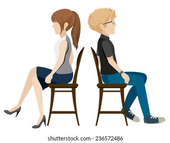 A boy and a girl sitting back to back on a white background 