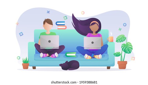 Boy and girl sitting in blue sofa with laptop, notebook and books, plants in a pots and cup of coffee, tea, and black cat. Vector illustration isolated on white background.