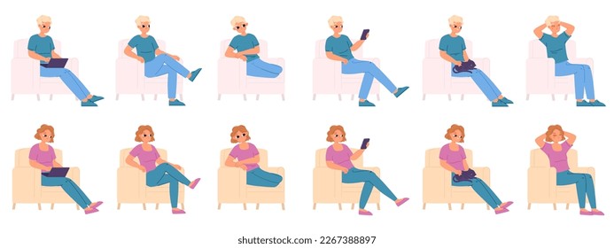 Boy and girl sitting in chair various poses. Teenagers dream, sleep and rest, using smartphone or working laptop. People relax at home snugly vector set