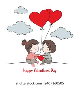 Boy and girl sitting holding red heart balloons. Valentine's Day concept. Ready to apply to your design. Vector illustration.