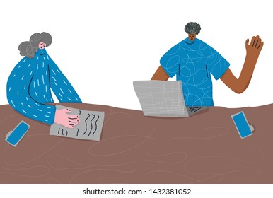 Boy and girl sitting with laptop and phones. Young man and woman at the table. Two teenagers. Vector flat illustration.