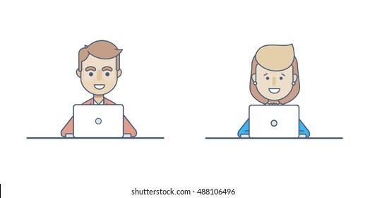 ?haracters a boy and a girl sitting at laptops at work in a flat style on a white background