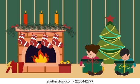 Boy and girl sitting in living room with Christmas tree and fireplace, ready to unwrap their presents
