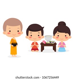 Boy And Girl Sitting Offering Food To Monk ,Vector Illustration