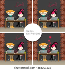 Boy and girl sitting at the office desk having their laptops opened, looking at each other. A splash and hearts between them. "Love ?" inscription. Four love stages illustratoins collection.