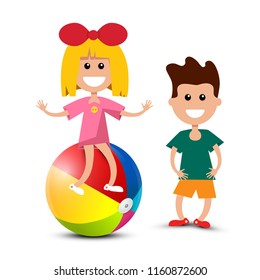 Boy Girl Sitting On Beach Ball Stock Vector (Royalty Free) 1160872600 ...