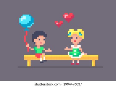 A boy and a girl are sitting on a bench and talking. Children characters in pixel art style. cute vector illustration.