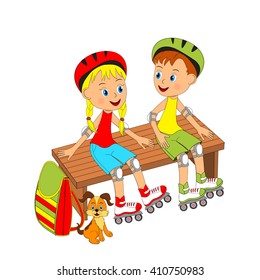 boy and girl sitting on a bench with roller skates, illustration, vector
