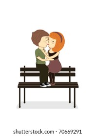 boy and girl sitting on a bench kissing
