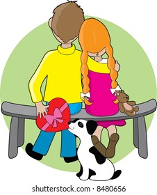 A boy and girl sitting on a bench - a little dog is handing the boy a box of chocolates to give to the girl