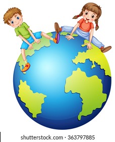 Boy and girl sitting on the big world illustration