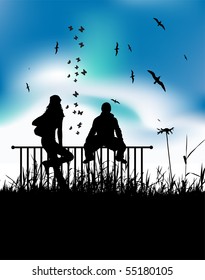 Boy and girl are sitting on fence outdoor, summer meadow svg