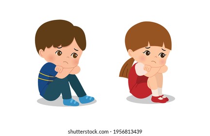 Boy and girl sitting on the floor and feel upset. Flat vector cartoon design