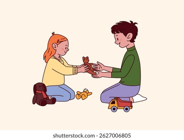 Menino E Menina Sentados No Chão Brincando Com Brinquedos De Pelúcia E Carro De Brinquedo Juntos. Atividade Interior No Quarto Do Bebê. Brinquedos de animais macios ao redor. Ilustração de vetor plana isolada