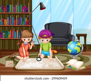 Boy and girl sitting on the floor in studying room looking in the map	