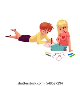 Boy and girl sitting on the floor, drawing car, flowers with crayons, cartoon vector illustration on white background. Little girl and boy drawing with pencils and crayons on the floor