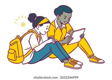 A boy and girl are sitting on the ground, engaged with a tablet. The girl has a backpack, and they both appear to be learning or exploring.