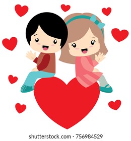 Boy and Girl Sitting on a Heart Valentine Day Card