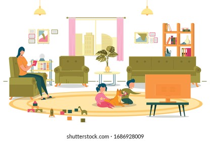 Boy and Girl Sitting on Living Room Floor and Watching TV Set Flat Cartoon Vector Illustration. Dog Lying with Children. Mother in Armchair and Reading Book Observing Kids. Leisure Time.