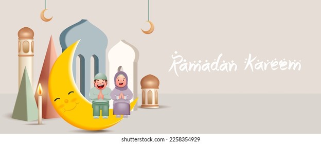 Boy and Girl Sitting On the Moon Design for Ramadan Kareem Poster Vector Illustration. 3D Moslem Kids Character