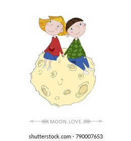 Boy and girl sitting on the moon vector illustration. Vector detailed graphic illustration. Lovely couple of kids 