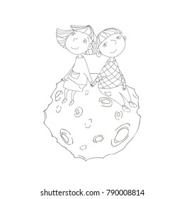 Boy and girl sitting on the moon vector illustration. Vector detailed graphic illustration. Lovely couple of kids 