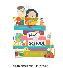 Boy and girl sitting on piles of books. Back to school