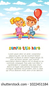 Boy and girl are sitting on the rainbow. Playground. Riding on a rainbow. Colorful template for advertising brochure. Ready for your message. Funny cartoon character. Vector illustration