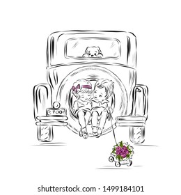 Boy and girl sitting on spare wheel hanging from the back of vintage car and dog spying on them. Children book illustration. Coloring page. 
