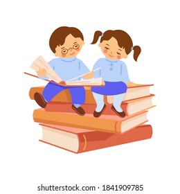 A boy and a girl are sitting on a stack of books and reading a book together. Vector illustration in cartoon flat style.