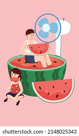 Boy and girl sitting on top of watermelon and eating watermelon with window and fan in background, vector illustration