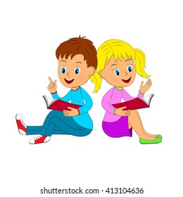 boy and girl sitting reading a book, illustration, vector