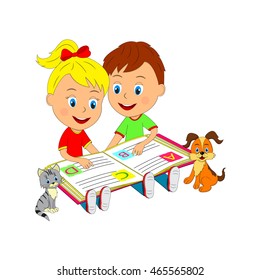 boy and girl are sitting and reading a book, illustration, vector