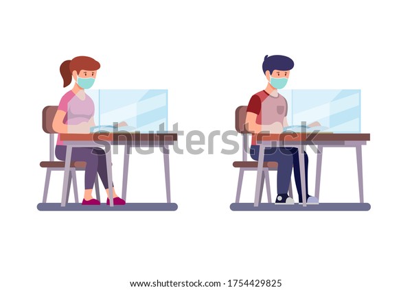 Boy and Girl Sitting and Study Wear Face Mask\
with Plastic Screen Divider in desk, New Normal Activities Student\
at School after Pandemic in Cartoon Illustration Vector on White\
Background