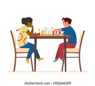 Boy And Girl Sitting At Table Playing Chess Flat Vector Illustration. Isolated On White.