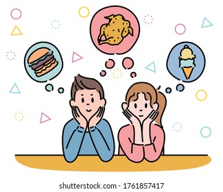 The boy and the girl are sitting with their chins on and thinking about delicious food. hand drawn style vector design illustrations. 