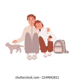 Boy and girl are sitting together with their bag and street cat. Refugee children vector concept illustration. Children stayed on the street alone.