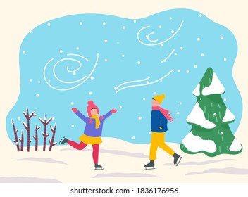 Boy and girl skate in park or forest. Two kids spend leisure time together, happy childhood. Outdoor activity, skating on winter holidays. Windy and snowy weather in wood. Vector illustration in flat