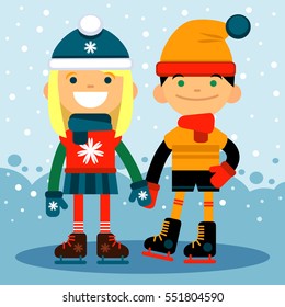 boy and girl in skates on the rink. Winter sports and recreation. Vector illustration flat design