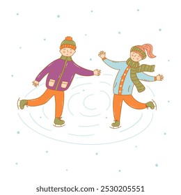 Garoto e garota patinando no gelo. Nevando. Vetor colorido isolado ilustração mão desenhado rabiscar. Atividade divertida no inverno. Cartão de feriado