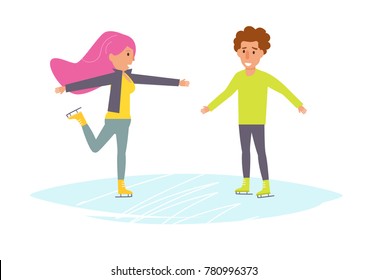 Boy and girl skating on ice. Vector. Cartoon. Isolated art on white background. Flat