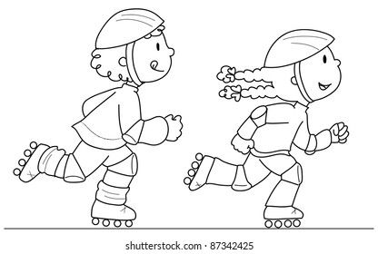 Boy and girl skating on roller blade. Vector black and white illustration
