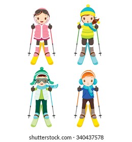 Boy And Girl In Skiing Clothing Set, Activity, Travel, Winter, Season, Vacation, holiday, Nature, Object