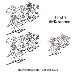 Boy and girl skiing down the mountain. Find 7 differences. Tasks for children. Vector illustration