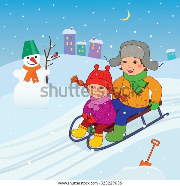 Boy Girl Sledding Hill There Houses Stock Vector (Royalty Free ...