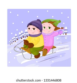 Boy and girl are sledding on winter background. Beautiful childrens illustration.