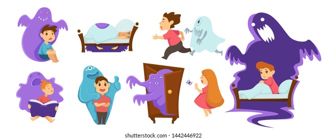 Boy and girl sleeping monsters nightmare childish fear vector isolated characters creature under bed and in wardrobe kids fantasy ghost or beast bad dreams scared child and overcoming fobias.