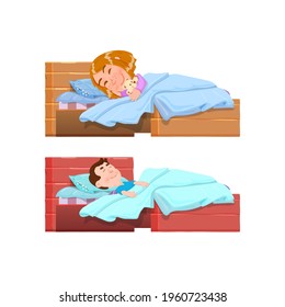 Boy and girl sleeping, woke up in bed yawning after sleep - cartoon character