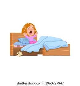 Boy and girl sleeping, woke up in bed yawning after sleep - cartoon character