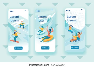 Boy and Girl Sliding Down Slope on Snowboards. Mom and Son Sledding and Having Fun in Winter Resort. Woman Spending Time with Kids, Enjoying Snowy Weather. Three Landing Pages with Copy Space.